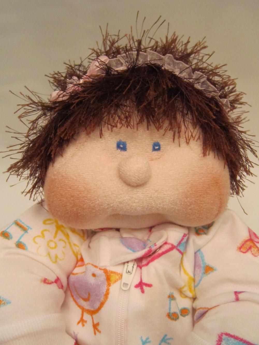Soft Sculpture Handmade Cloth Baby Doll, Dinky Baby, Brown Hair, Blue Eyes, Child Friendly